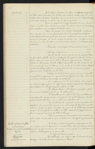 Hôtel de ville, Ecussons de la façade, restauration, rapport . Ecole supérieur de filles, création d'un poste d'institutrice adjointe, Mlle MOUROCQ institutrice, rapport