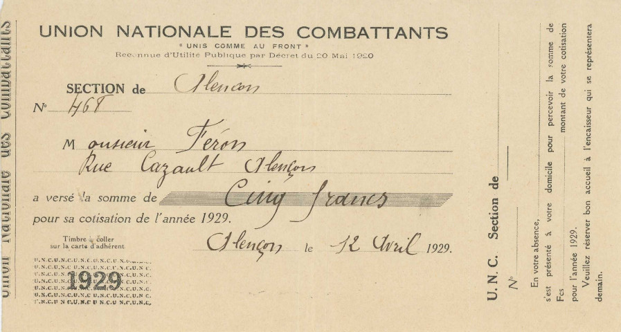 Billet de cotisation à l'Union Nationale des combattants (12 avril 1929).