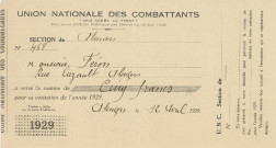 Billet de cotisation à l'Union Nationale des combattants (12 avril 1929).