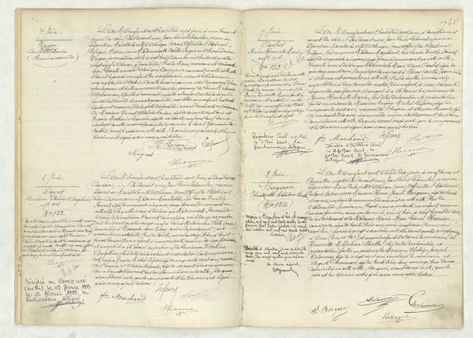Reconnaissance de NUGUE Louise Mélanie Alphonsine (7 juin 1907),acte de naissance de DOUCET Lucienne Vitaline Angéline enfant naturel (6 juin 1907),acte de naissance de CACHET Reine Henriette Marie enfant naturel (7 juin 1907),acte de naissance de BERGERON Henriette Madeleine Berthe (8 juin 1907).