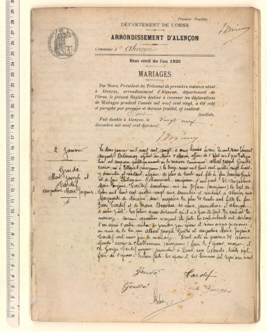 Registre des actes de mariage (1920).