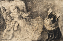L'enfant et le bouledogue, fusain, Louise Jeanne Aimée Hervieu, (32cm x 49cm), acquisition 2024, collection Bismuth-Etcheverry, AMA.