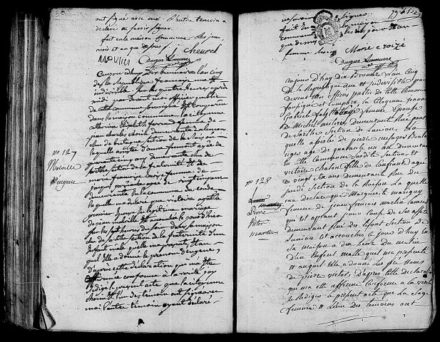Acte de naissance de MOULIN Marie (28 octobre 1796),acte de naissance de MALVILLE Eugène (30 octobre 1796),acte de naissance de MARTIN Pierre Victor (31 octobre 1796).