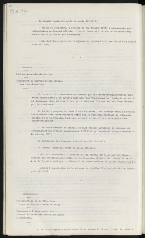 Publication administrative, abonnement supplémentaire au journal officiel, lois et décrets. Finances, publications administratives, abonnement au nouveau statut général des fonctionnaires. Enseignement, participation de la ville dans l'organisation de classe de neige, versement à l'association des parents d'Elèves des écoles publiques de Montsort.
