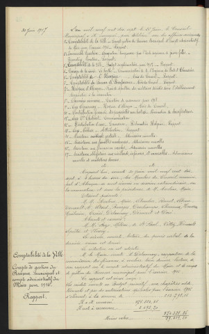 Sommaire sur les affaires à délibérer. Comptabilité de la ville, compte de gestion du receveur municipal et compte administratif du Maire pour 1917, rapport