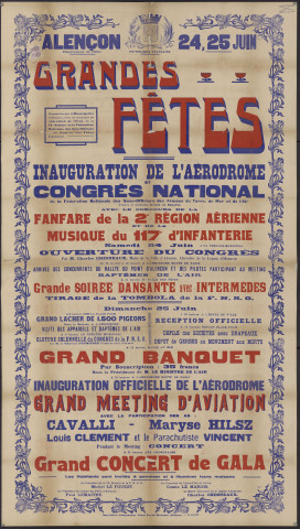 Inauguration de l'aérodrome et Congrès national de la Fédération nationale des sous-officiers des armées de terre, de mer et de l'air (24-25 juin 1939) : affiche couleur (185 x 103) (imprimerie Laverdure).