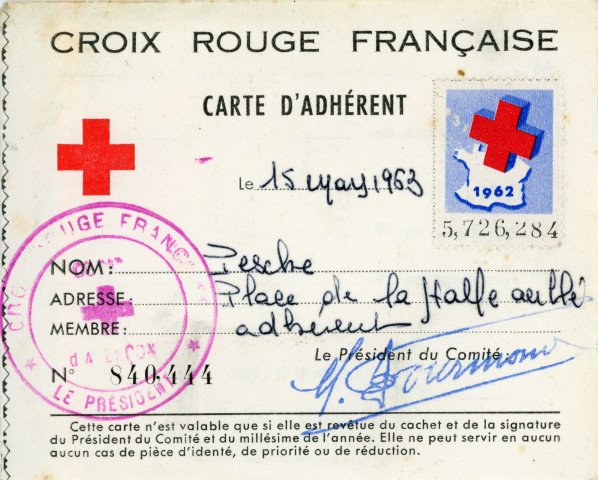Carte d'adhérent à la Croix Rouge Française (15 mars 1963).