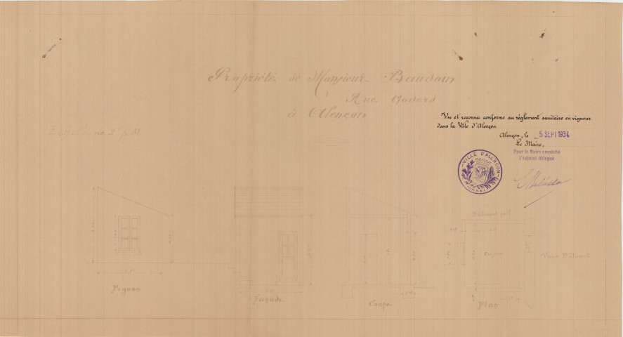 permis de construire n°19, Construction d'une cuisine pour la maison d'habitation (Saint-Germain-du-Corbéis) Rue Godard Alençon , (date de décision : 1934), (auteur du projet, architecte : BERNARDET (entrepreneur)).