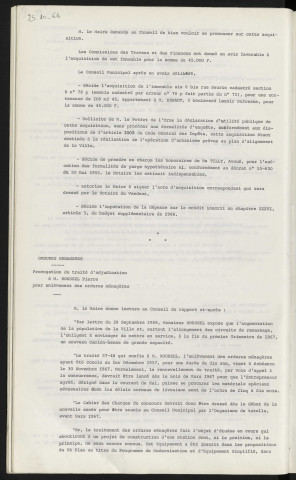 Acquisition de l'immeuble de Mr ERNAUT 6 bis rue Seurin. Ordures ménagères, prorogation du traité d'adjudication à Mr ROUSSEL Pierre pour l'enlèvement des ordures ménagères.