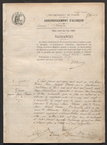 Registre des actes de naissance (3 janvier 1921-29 décembre 1921)