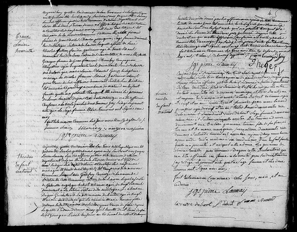 Acte de naissance de BRAUX Louise Henriette (25 septembre 1794),acte de naissance de TROUVEE Théodore enfant naturel (24 septembre 1794),acte de naissance de TURCAN Louise Emelie enfant naturel (27 septembre 1794).