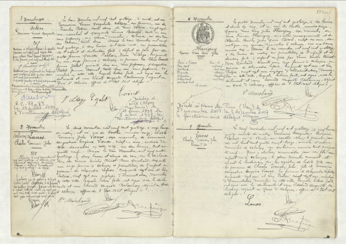 Acte de naissance de OCTAVE Germaine Louise Marguerite (3 novembre 1914),acte de naissance de ANTOINE Charles Germain Jules (2 novembre 1914),acte de naissance de FLAVIGNY Maurice Louis Léon Jules (4 novembre 1914),reconnaissance de LANOS Charles Germain Jules (2 novembre 1914).