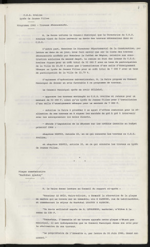C.E.S Aveline, lycée de jeunes filles, programme 1966, travaux déconcentrés. Plaque commémorative rénovation " Maréchal Lyautey".