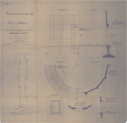 Construction d'un château d'eau de 300m3, détails, semelle, porte, fenêtre, montage de fût : élévation, coupes (Larbanet, éch : 1/200, plan n°21, 29 juillet 1936).