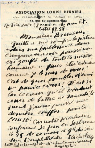 Lettre autographe de Louise Hervieu adressée à Monsieur Bruneau, 2 pages in 8, En tête de "l'Association Louise Hervieu pour l'établissement du carnet de santé".