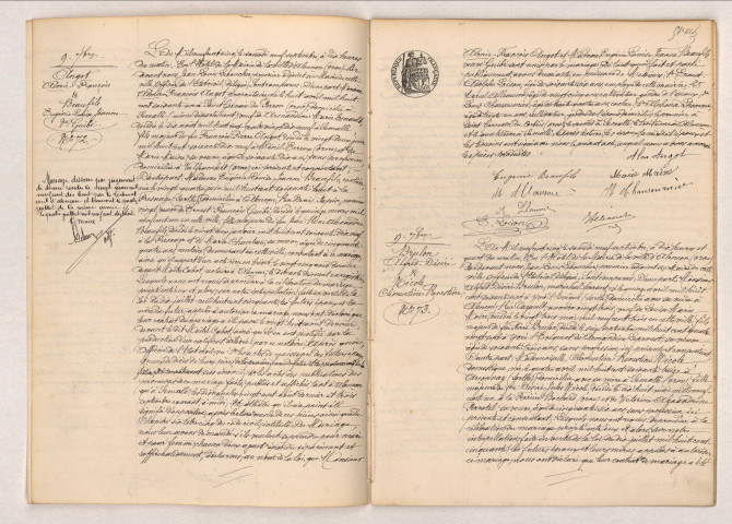 Acte de mariage de ANGOT Admir François et BEAUFILS Eugénie Louise Jeanne (9 septembre 1905), acte de mariage de BRULON Alfred Désiré et NICOLE Clémentine Renestine (9 septembre 1905)