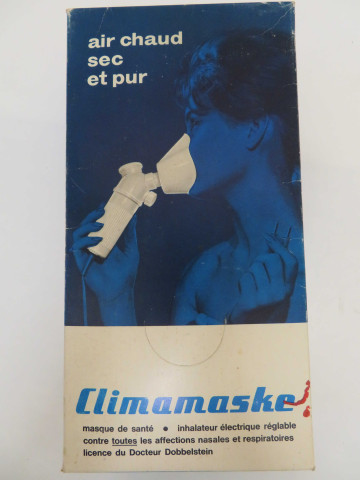 Masque de santé, inhalateur électrique réglable (Climamaske), conditionnement en carton (30.5 x 15.5 x 10), notice, certificat de garantie.