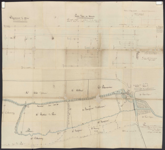 Alençon, rivière de la Briante, cours d'eau et usines : plan et profils relatifs au règlement de la retenue du Moulin de Lancrel (ech : 1/200) (6 mars 1834).