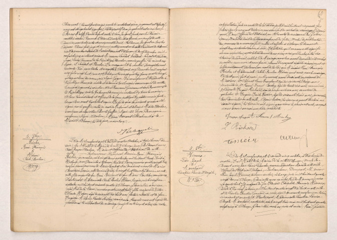 Transcription d'un jugement de divorce de JUIGNET et LARIVIÈRE (4 Octobre 1907), Acte de mariage de RICHER René François et HÉRON Cécile Pauline (04 Octobre 1907), HINOUX Léon Joseph et MARCHAND Léontine Louise Angèle (05 Octobre 1907).