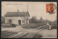 Champfleur (Sarthe), La gare, carte postale ancienne noir et blanc, photo Métayer, la Fresnay, (date d'utilisation : 27 octobre 1914), (14x9), acquisition 2021, AMA.