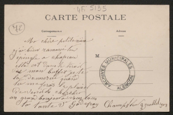 Champfleur (Sarthe), Route de Bourg-le-Roi, carte postale ancienne noir et blanc, (date d'utilisation : 8 juillet 1908), (14x9), acquisition 2020, AMA.