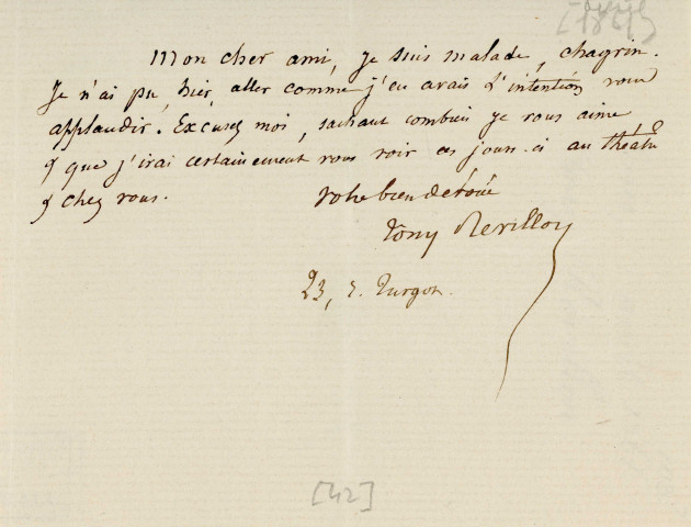 Lettre autographe signée de l'écrivain Tony Révillon à l'acteur Adolphe Laferrière [1860].