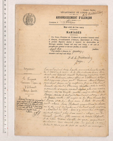 Registre des actes de mariage (1913).