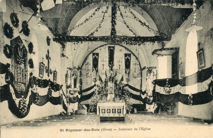 St-Rigomer-des-Bois (Orne), intérieur de l'église, carte postale ancienne noir et blanc, Photo Crolard, Alençon (Date d'utilisation : 26 mai ), (14x9), AMA.