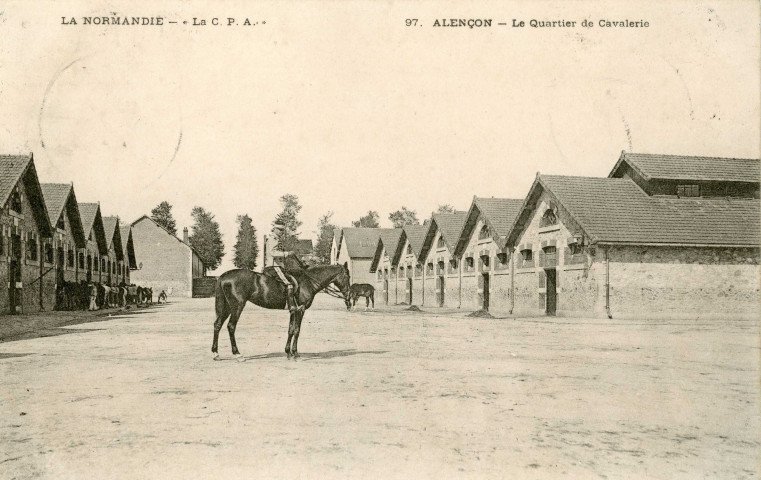 La Normandie, Alençon (Orne), la caserne, le quartier de cavalerie, carte postale ancienne noir et blanc n°97, la C.P.A. (Date d'utilisation : 1904), (14x9), AMA.