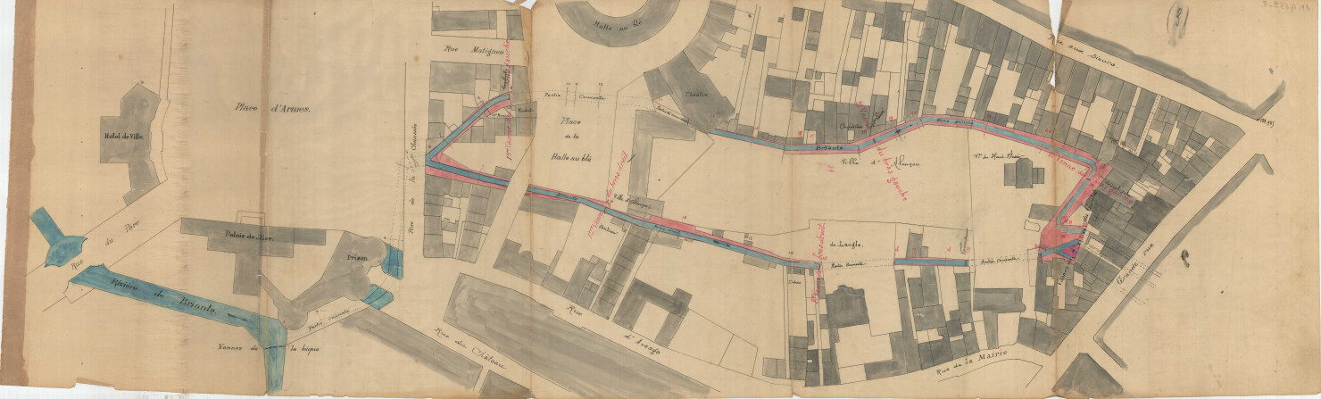 Assainissement de la Briante : plan des deux bras depuis la Place d'Armes jusqu'à la Grande Rue, vanne du Moulin du Guichet (éch: 1/500, 5 janvier 1889).(éch: 1/500, 5 janvier 1889) (2 exemplaires).