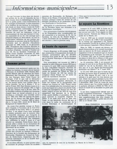 "125e anniversaire de la naissance de Léon de la Sicotière" : article du magazine d'information municipal "Notre Cité" n°96, (février 1987).