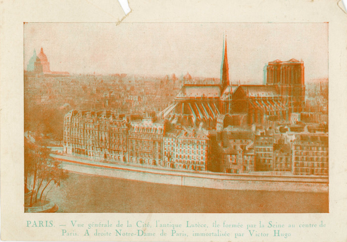 Pâtes alimentaires Rivoire et Carret, publicité : anaglyphes offerts par la marque, lunettes stéréoscopique avec filtre en gélatine couleur (rouge et cyan) pour visualiser les scènes en relief, collection particulière Nicole Renard, don 2005.