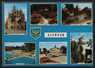 Alençon (Orne), le porche de l'église Notre-Dame, la roseraie du parc des Promenades, le barrage, la piscine, l'hôtel de ville, la tour, carte postale multivues n°108, Artaud frère, éditeur, Nantes, (Date d'utilisation : 31 août 1961), collection particulière Michelle Malicorne.