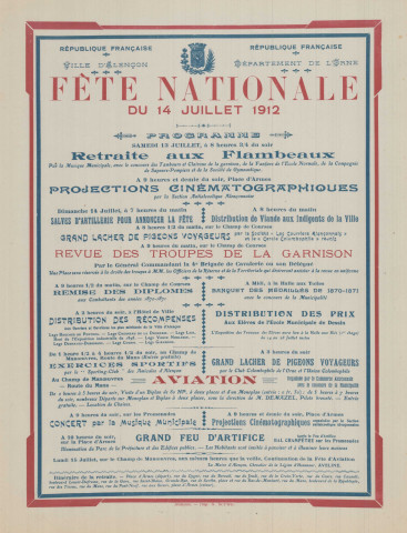 Fête nationale du quatorze juillet 1912, organisation par la commission des fêtes : affiche, invitation, correspondance, devis, flyer, état des bons de consommation, bons pour assister à le revue des troupes de garnisons ; attribution des legs de la Veuve Noblesse, legs Cousin, legs Girardon, legs Lair, Legs Chesneau de la Drourie, legs Boucher de Perthes, legs Deshayes Dubuisson : rapports ; banquet des vétérans à l'Hôtel du Cheval Blanc : facture, bulletins d'inscription au banquet .