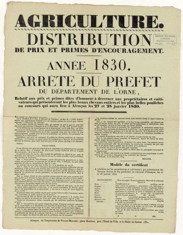 Concours de chevaux, distribution de prix et primes d'encouragement pour les plus beaux chevaux (27-28 janvier 1830) : affiche arrêté préfectoral.
