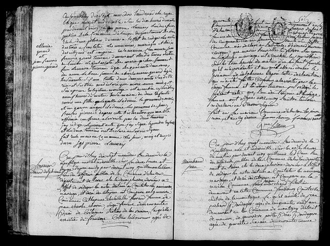 Acte de naissance de GERARD Marie (5 juillet 1794,acte de naissance de GERARD Jean François Pierre (5 juillet 1794),acte de naissance de FOURNIER Delphine (4 juillet 1794),acte de naissance de MARCHAND Jean (7 juillet 1794).