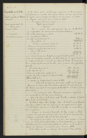 Comptabilité de la Ville, compte de gestion du receveur municipal, compte administratif du Maire pour l'exercice 1912 : rapport