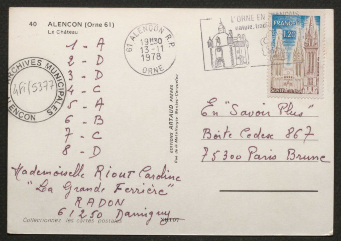 Alençon (Orne), Le château, carte postale moderne en couleur n°40, édition Artaud frères, Carquefou-Nantes, (date d'utilisation : 13 novembre 1978), (15x10,5), acquisition 2020, AMA.