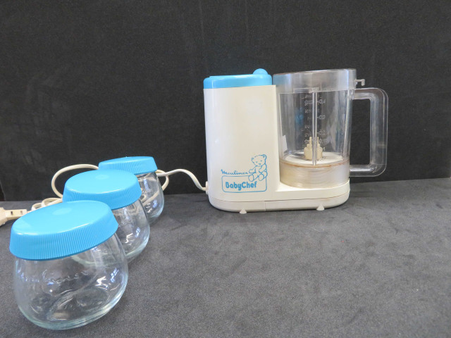 Mixeur moulinex babychef avec 3 petits pots, Alençon Moulinex, (verre, métal, plastique) (23x16x17), 7pièces, don de l'association Moulinex Jean Mantelet.