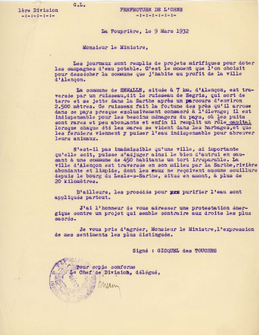 Renforcement de la distribution d'eau de la ville d' Alençon, recherche sur la possibilité de captage des eaux de sources du Sortoir (Semallé), source du ruisseau de Rochelie (Livaie), source de la Blanchisserie de Guéramé : correspondance.