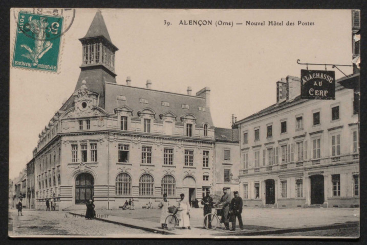 Alençon (Orne), Nouvel Hôtel des Postes, carte postale ancienne noir et blanc n°39, éditeur, A.M.F, (Date d'utilisation : 13 mai 1910), (14x9 cm), AMA.
