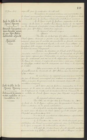 Ecole de filles de la Rue du Docteur Becquembois et école de garçons de la Rue de l'Asile et Rue Lallemand, achèvement des travaux, rapport. Ecole de filles de la maison Masson, demande d'occupation d'une chambre présentée par Mme BOHIN. Ecole de filles de la maison Masson, Indemnité de remise en état (mobilière et immobilière)
