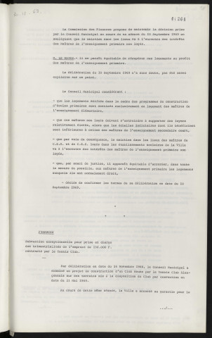 Enseignement, collèges d'enseignement général et d'enseignement secondaire, surpression des indemnités compensatrices de logement aux instituteurs. Finances, subvention exceptionnelle pour prise en charge des trimestrialités de l'emprunt de 138 000 F contracté par le tennis club.