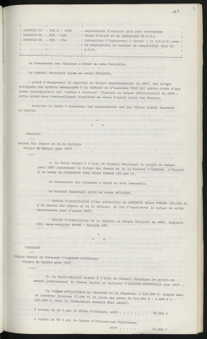 Finances, exercice 1966, rapports de crédits. Finances, Maison des Jeunes et de la Culture, projet de budget pour 1967. Finances, centre social et culturel d'Alençon Courteille, projet de budget pour 1967.
