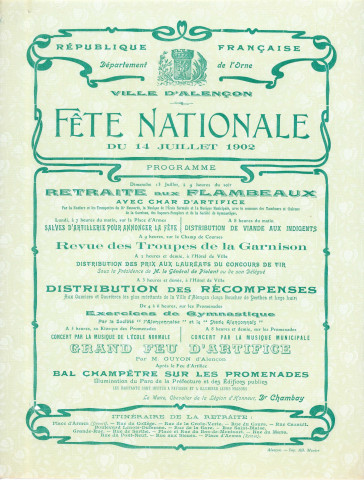 Fête nationale 14 juillet 1902 : affiche Imprimerie Albert Manier, (89 x 130).