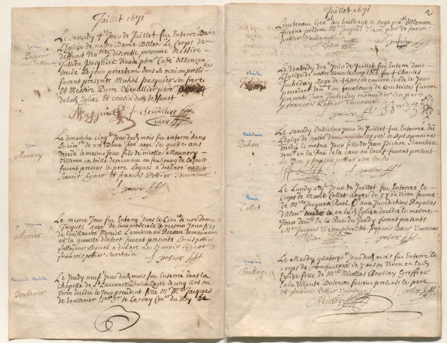 Paroisse Notre-Dame, registre des inhumations (1 juillet 1671 - 29 décembre 1673).