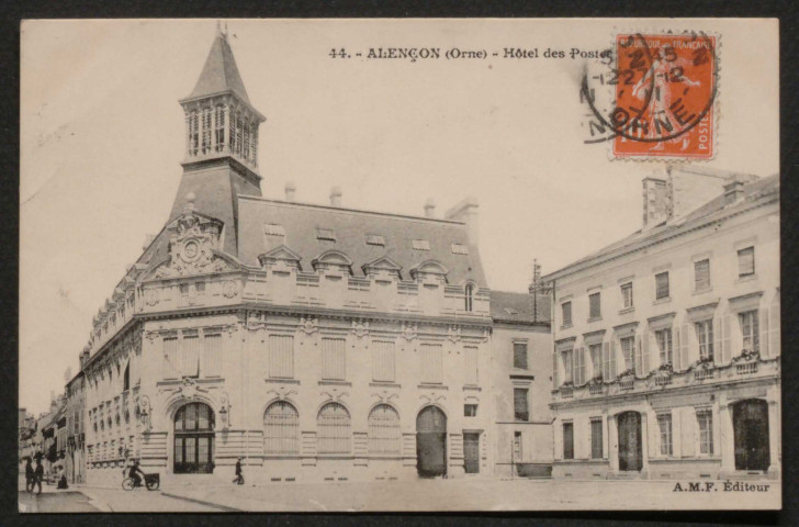 Alençon (Orne), Hôtel des Postes, carte postale ancienne noir et blanc n°44, éditeur,A.M.F. (Date d'utilisation : 27 decembre 1911), (14x9),AMA, 2 exemplaires.
