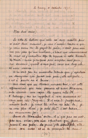 Lettre autographe signée de l'écrivain Alfred Edouard Touroude à l'acteur Adolphe Laferrière (11 novembre 1871).