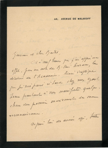 Lettre autographe signée de l'écrivain Gaston Rageot [ pour féliciter Paul Hervieu élu à l'académie ?] [15 fevrier 1900].