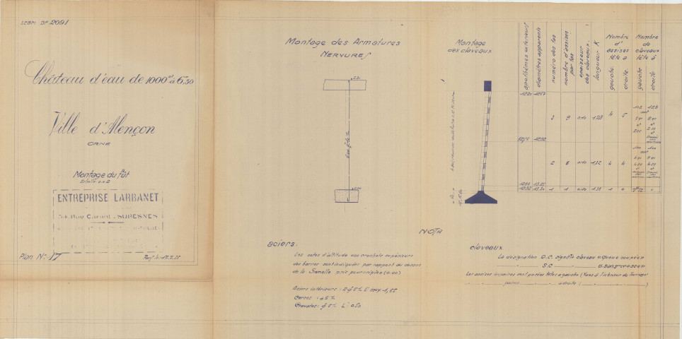Construction d'un château d'eau de 1000m3, montage du fût : vue en plan, coupe longitudinale, coupes, plans(Larbanet, éch : 1/500, plan n°17, 17 juillet 1936).